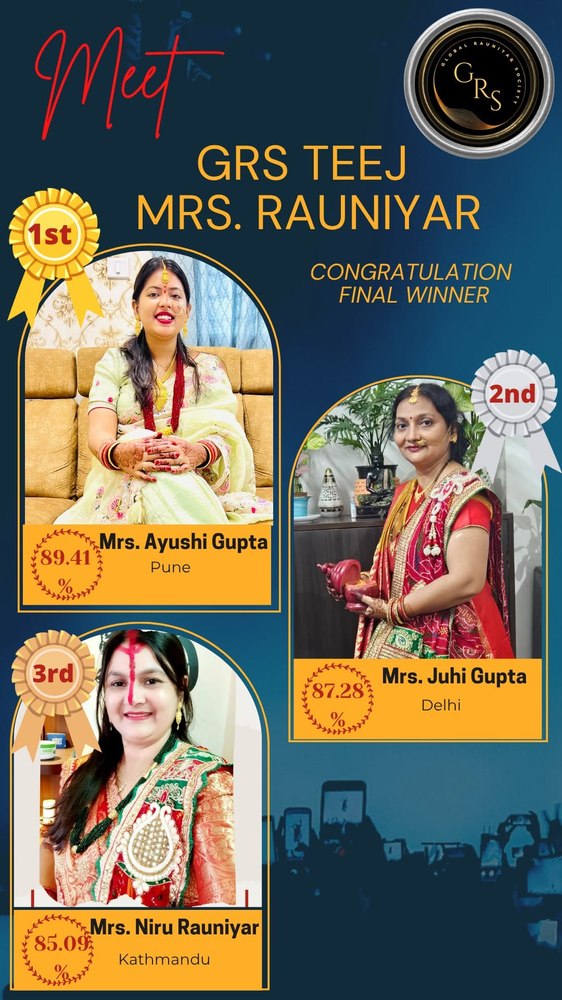 Top 3 Winners — Mrs. Rauniyar Season 2 (1st Ayushi Gupta 89.41%, 2nd Juhi Gupta 87.28%, 3rd Niru Rauniyar 85.09%)
